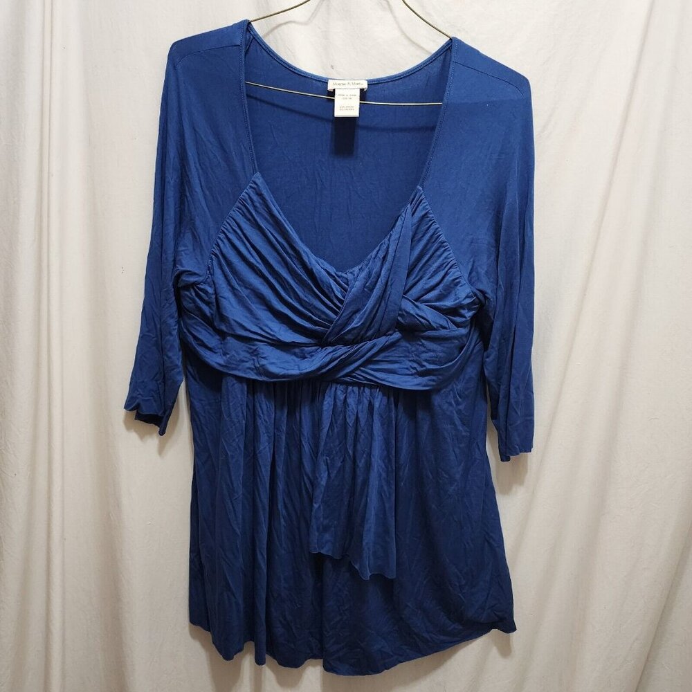 Monroe & Main Blue High Waist‎ Top Plus Size 1X V-Neck 3/4 Sleeve Blouse